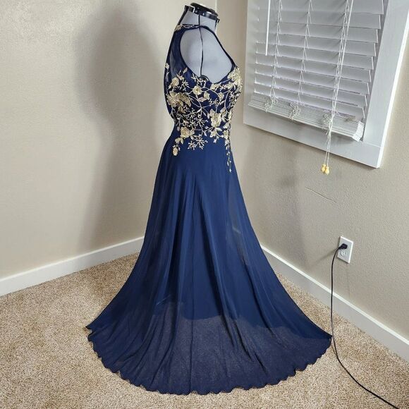 Betsy & Adam Embellished Chiffon Illusion Halter Gown Navy Gold Floral Size 8 - Picture 6 of 15